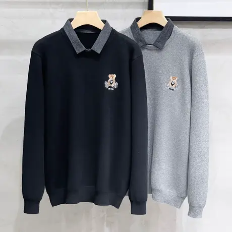 2023冬季新款毛衣男假两件小熊刺绣厚款男生针织衫翻领秋冬线衣男商品大图