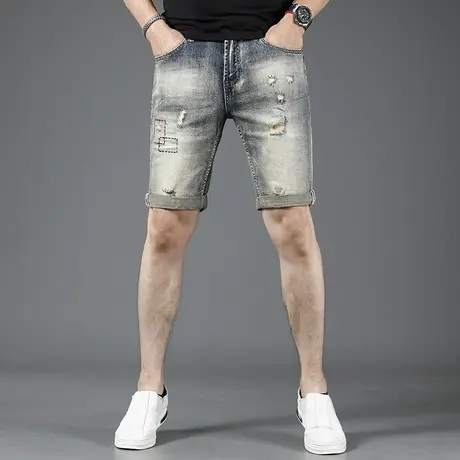 美式复古色牛仔短裤男破洞夏季薄款修身2023新款男士中裤五分裤潮商品大图