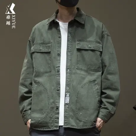 希越军绿色工装夹克男翻领多口袋外套秋冬宽松大码潮流日系男装潮商品大图