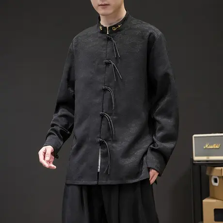 新中式长袖衬衫外套男秋季中国风男装衬衣国潮立领男士唐装上衣商品大图