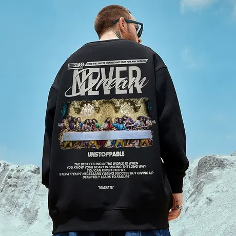 国潮油画潮牌圆领加绒卫衣男潮港风oversize潮流大码套头上衣秋冬商品大图