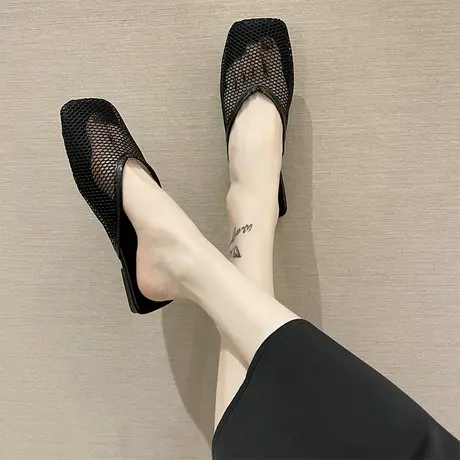 包头拖鞋女夏平底时尚外穿韩版简约防滑懒人凉拖镂空透气网纱女鞋商品大图