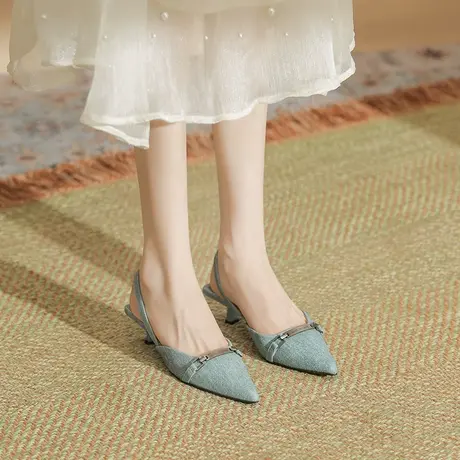 法式包头凉鞋女2023夏季新款小香风后空高跟鞋一字带尖头细跟单鞋商品大图