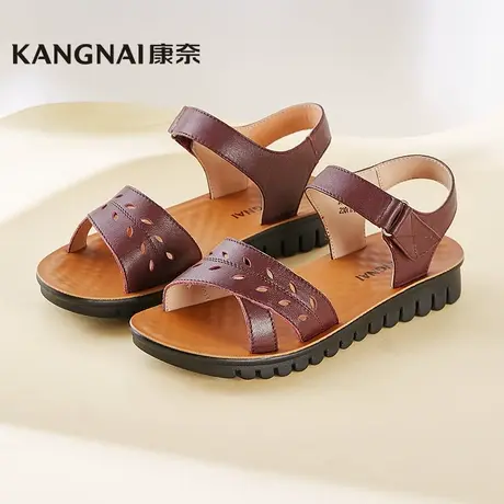 康奈官方女鞋夏季凉鞋女平底休闲一字带中年妈妈凉鞋百搭真皮凉鞋商品大图