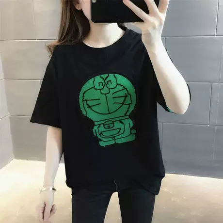 大码胖mm设计感小众短袖t恤女夏季韩版宽松百搭学生撞色上衣200斤商品大图