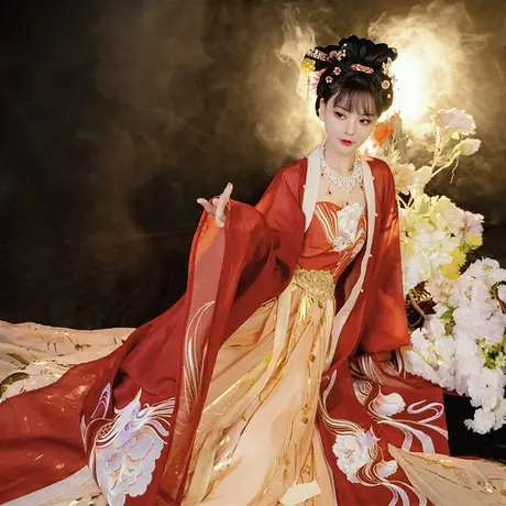 【如梦霓裳丨洛月】唐制汉服女诃子裙重工绣花大袖红色唐风夏日常图片