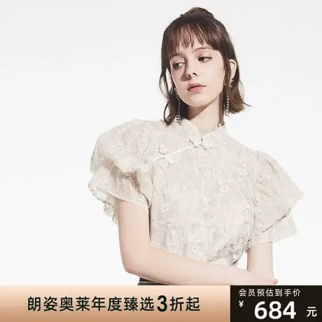 莱茵 新款复古改良旗袍蕾丝衫气质盘扣泡泡袖短袖雪纺衬衫图片