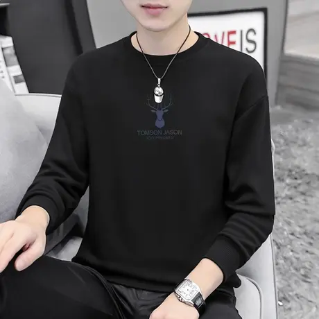 黑色卫衣男潮ins春秋款宽松潮流百搭秋冬加绒印花无帽圆领长袖t恤图片