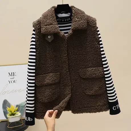 马甲背心女2023冬季羊羔毛宽松外穿皮毛一体百搭风颗粒绒马夹外套图片