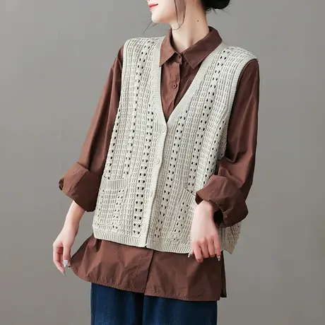 dza 复古V领针织马甲女士2023春新款宽松毛衣马夹休闲外搭小背心图片