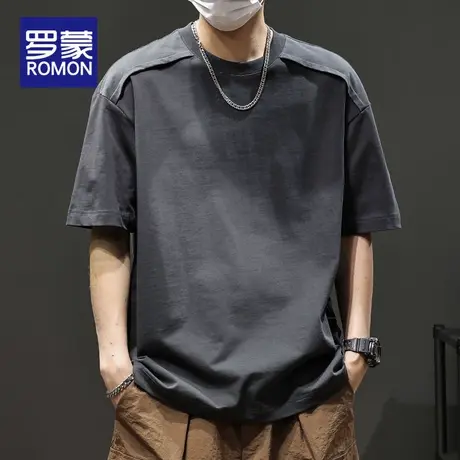 罗蒙纯棉t恤男夏季新款宽松拼接半截袖上衣潮流纯色复古男装短袖商品大图