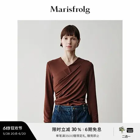 【精简美学】玛丝菲尔春秋款叠褶斜向剪裁复古修身长袖打底上衣商品大图
