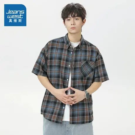 LE真维斯男半袖上衣2025夏季新款时尚百搭格子短袖衬衫宽松显瘦商品大图