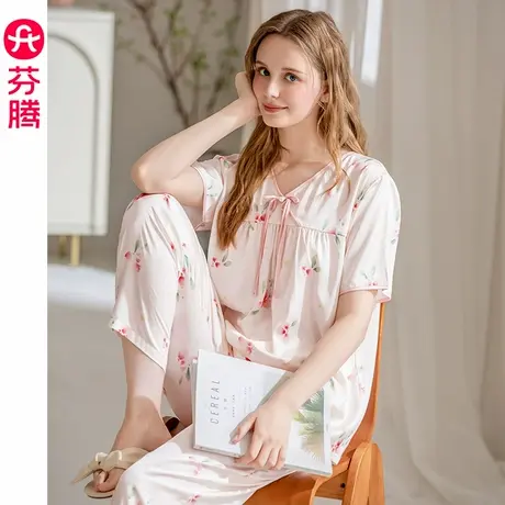 芬腾女士睡衣夏季冰丝凉感薄款新中式短袖套装V领套头大码家居服商品大图