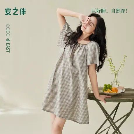 安之伴【梭织棉布】纯棉睡衣女款夏季简约宽松甜美格子睡裙家居服商品大图