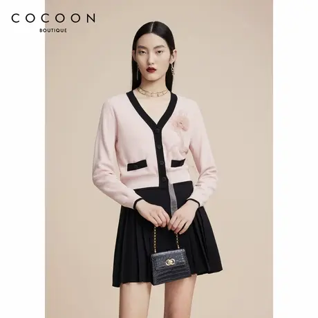 可可尼COCOON商场同款2024秋冬新款粉色开衫法式撞色立体针织衫女图片