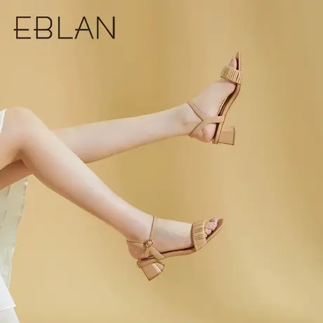 伊伴2023夏季女鞋一字带凉鞋小羊皮晚风方头粗跟凉鞋B23371952商品大图