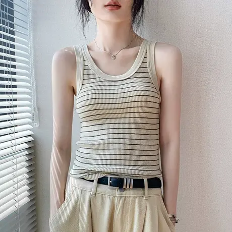 撞色条纹圆领吊带背心女2025夏季新款修身显瘦衬衫内搭无袖上衣女商品大图
