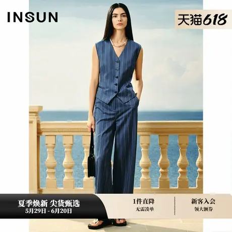 INSUN恩裳夏装亚麻天丝条纹西装裤图片