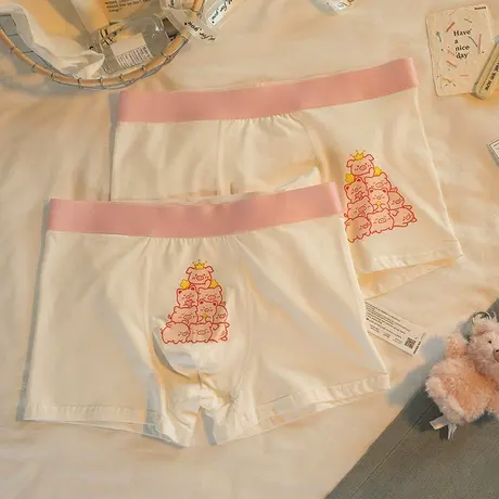叠叠粉猪~男士内裤纯棉抗菌夏季卡通可爱粉色男生大码四角平角裤商品大图