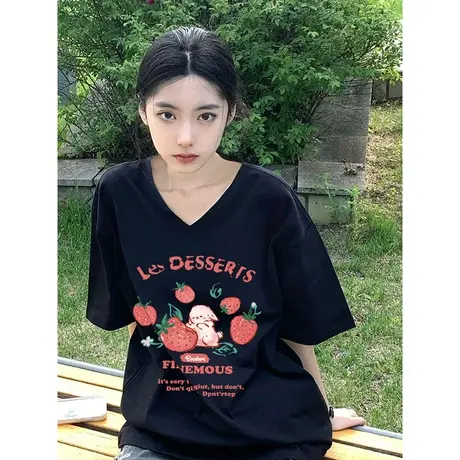 纯棉短袖t恤女夏v领oversize宽松大码半袖ins潮胖mm遮肚显瘦上衣商品大图