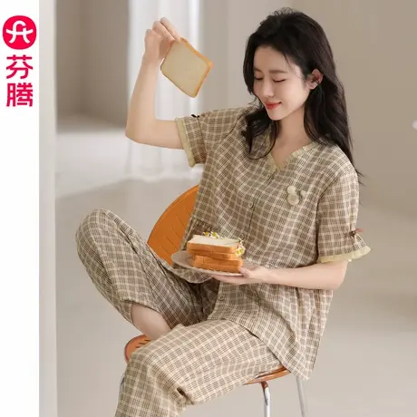 芬腾冰丝睡衣女款春夏季短袖开衫薄款休闲中年妈妈夏款家居服套装商品大图