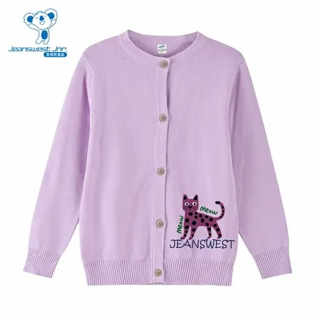 PV真维斯童装2025春季新款 女童针织上衣小猫咪印花纯棉开衫外套商品大图