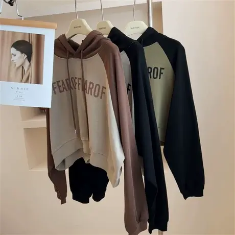 新款设计感小众字母插肩袖连帽套头卫衣女宽松短款薄款秋季上衣女商品大图