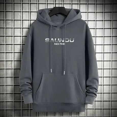 连帽卫衣男宽松潮流百搭秋冬加绒加厚长袖带帽衫字母印花灰色外套商品大图