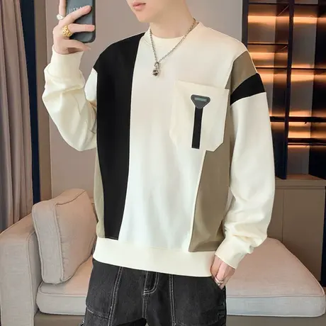 圆领卫衣男士秋季新款潮牌设计感拼接口袋长袖t恤休闲秋装上衣服商品大图