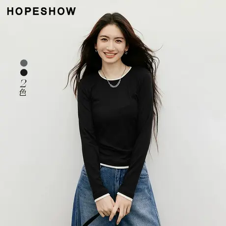 红袖2025秋季新款女装 MIU系假两件撞色拼接正肩长袖圆领套头上衣商品大图