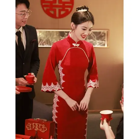 改良旗袍敬酒服高端2023新款复古蕾丝中式订婚回门便装礼服连衣裙图片