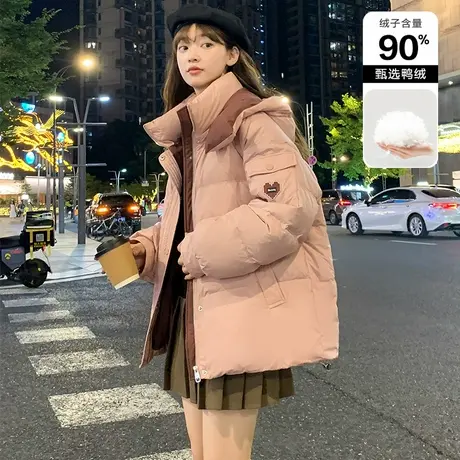 【防水】唐狮2024冬季新款女羽绒服90绒连帽面包服网红风宽松休闲商品大图