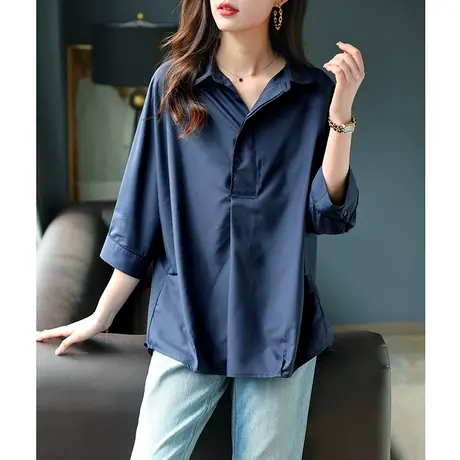 宝诗黎新款蝙蝠五分袖宽松衬衫秋时尚韩版纯色上衣2023设计感衬衣商品大图