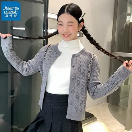 KHV真维斯灰色短款毛衣外套女款春秋季2025新款针织开衫长袖上衣商品大图