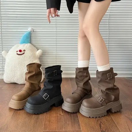 马丁靴女款2025新款秋季棕色靴子小个子厚底堆堆靴裤管巨好看短靴商品大图