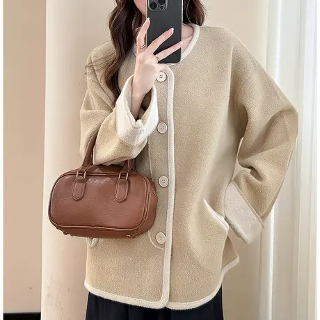 唐狮秋冬外套女气质简约温柔撞色设计圆领开衫针织春秋高级感tu商品大图