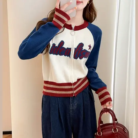 唐狮秋冬毛衣女短款美式学院风拉链圆领开衫针织外套高级感潮tu商品大图