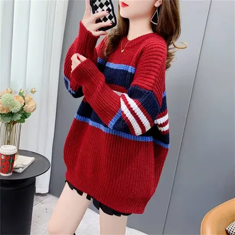 日系复古条纹圆领毛衣女2022年新款秋冬宽松拼色内搭针织衫上衣潮商品大图