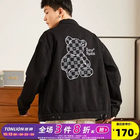 唐狮2023春季新款男外套后背印花棋盘格牛仔外套休闲牛仔衣男夹克商品大图