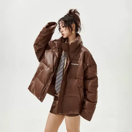 美式复古PU皮棉服女加厚冬季外套2023新款街头潮牌宽松面包服棉衣商品大图