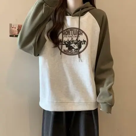 ins超火撞色插肩袖卫衣女春秋薄款韩版宽松bf慵懒风上衣情侣装潮商品大图