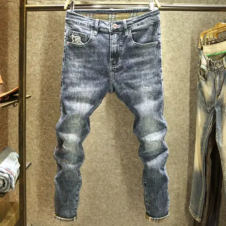 大牌口袋刺绣男士牛仔裤修身弹力小脚裤潮牌猫须磨破秋冬款长裤子商品大图