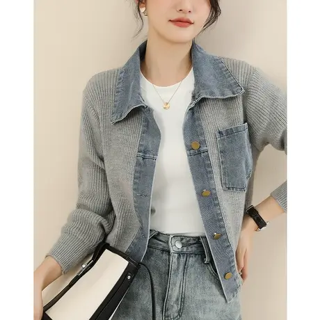 新品8.5折】宽松休闲牛仔拼接毛衣时尚POLO领开衫外套厚图片