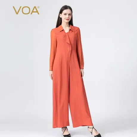 VOA60姆米重磅真丝长空POLO领长袖翻领活页设计宽腿桑蚕丝连体裤商品大图