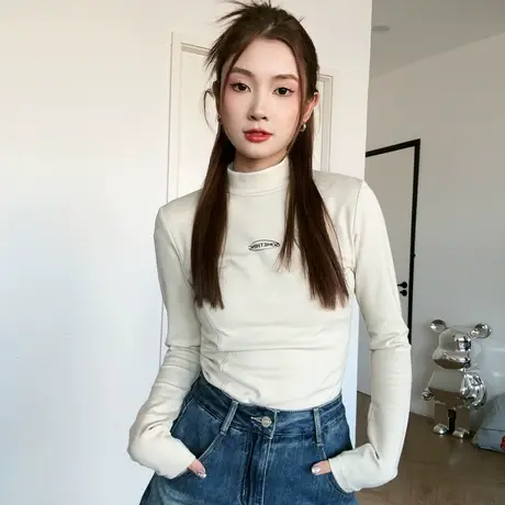 尔给加厚半高领打底衫2023新款女秋冬时尚洋气时髦内搭小个子上衣商品大图