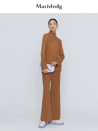 【言选好物】玛丝菲尔冬季新款羊毛驼色针织休闲阔腿裤裤子商品大图