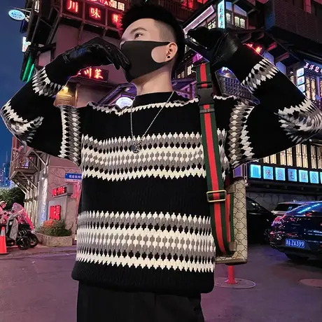 毛衣男冬款拼色条纹设计感休闲打底线衣民族风青年轻熟内搭针织衫商品大图