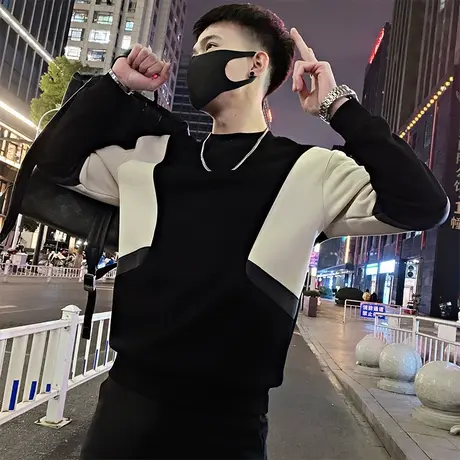 高级感拼接撞色卫衣男圆领痞帅春秋季个性小众休闲长袖T恤打底衫商品大图