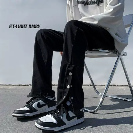 美式纯色潮牌宽松牛仔裤男2024春秋季设计感排扣开叉复古拖地长裤商品大图